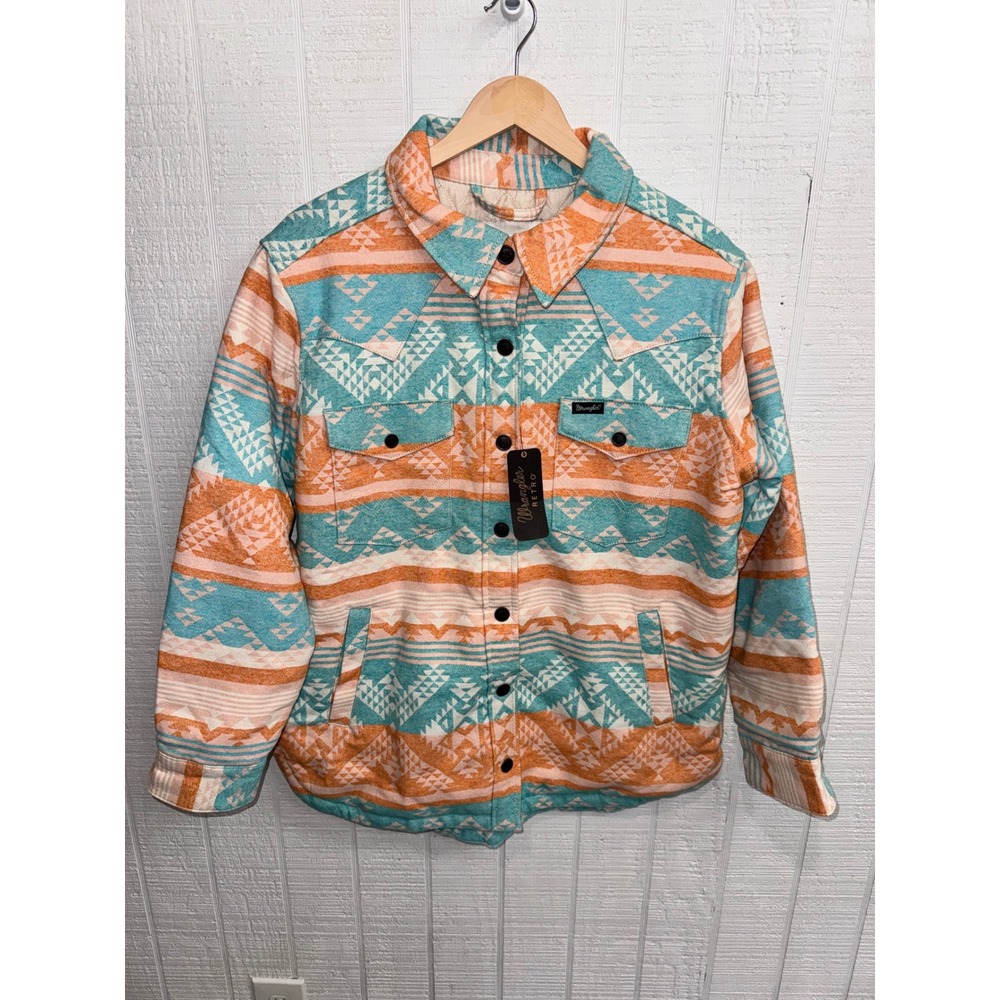 Wrangler Retro Shirt Jacket Women Turquoise Orange Southwestern Aztec Medium